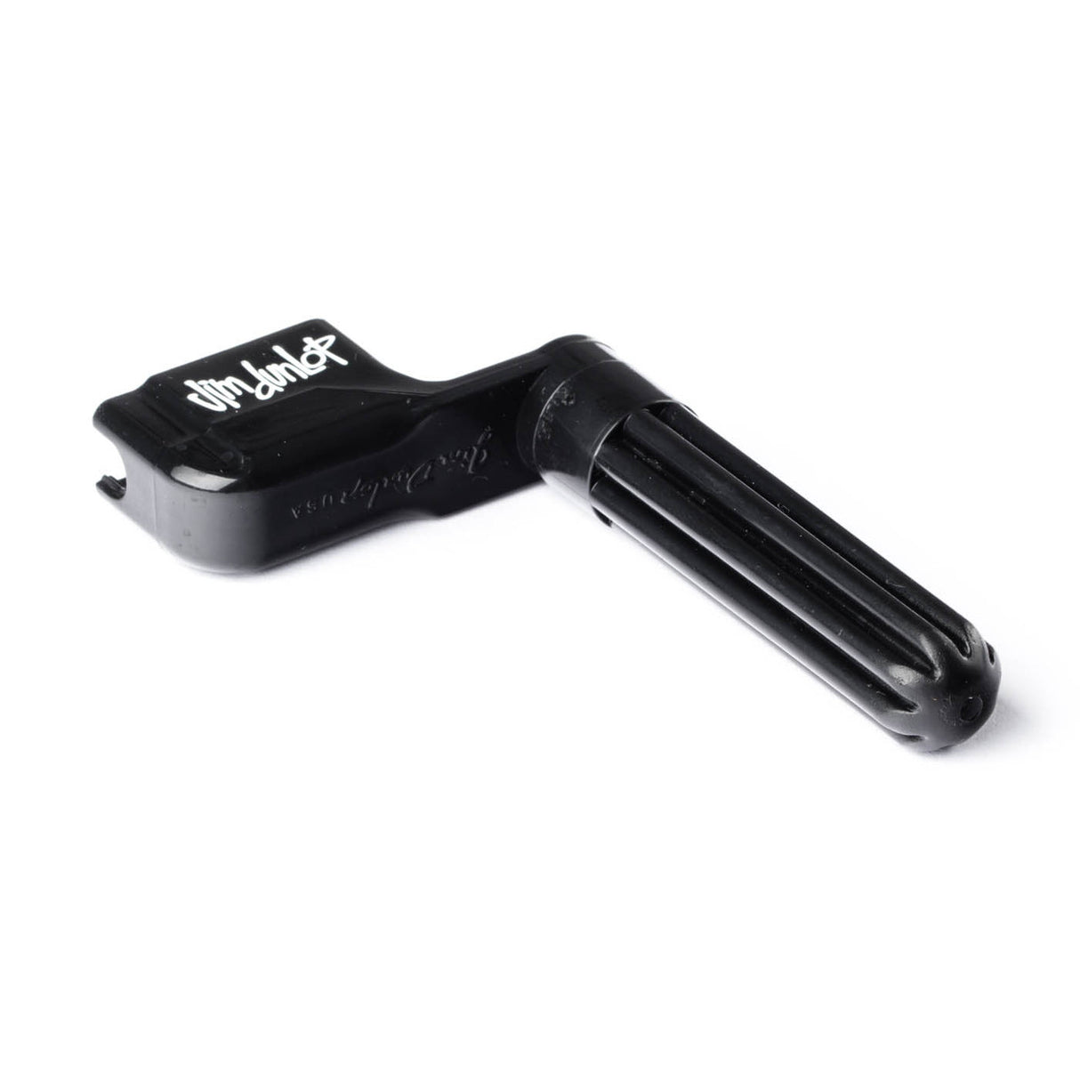 A black guitar string winder on a white background