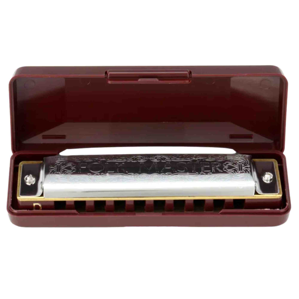 The image shows a diatonic harmonica, also known as a mouth harp or blues harp, resting in a burgundy hard plastic protective case. The harmonica features a chrome top plate with decorative engraving and a black comb with ten holes visible. The hinged case has a fitted interior to protect the instrument, which is popular for blues, folk, country, and rock music due to its portability and versatility.
