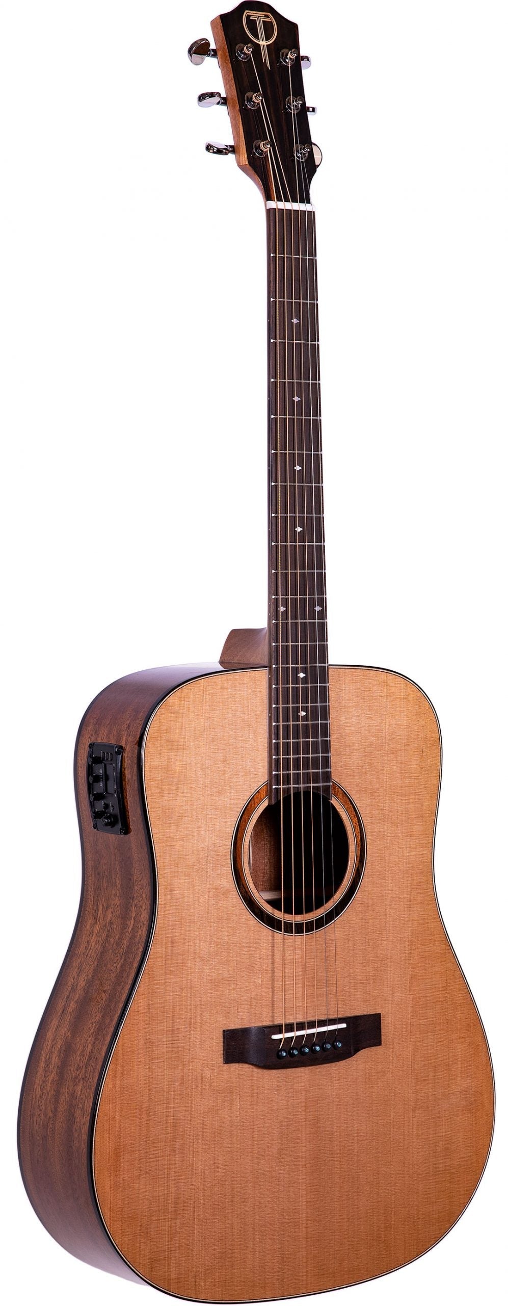 The image shows a dreadnought-style acoustic-electric guitar with a light-colored wood top and darker back and sides. It has a dark fingerboard with fret markers, six strings, and chrome tuning machines. A round sound hole with a decorative rosette is visible. There’s an electronics system on the side for amplification. A logo is on the headstock, though the brand is unclear. The guitar is suited for various musical styles.