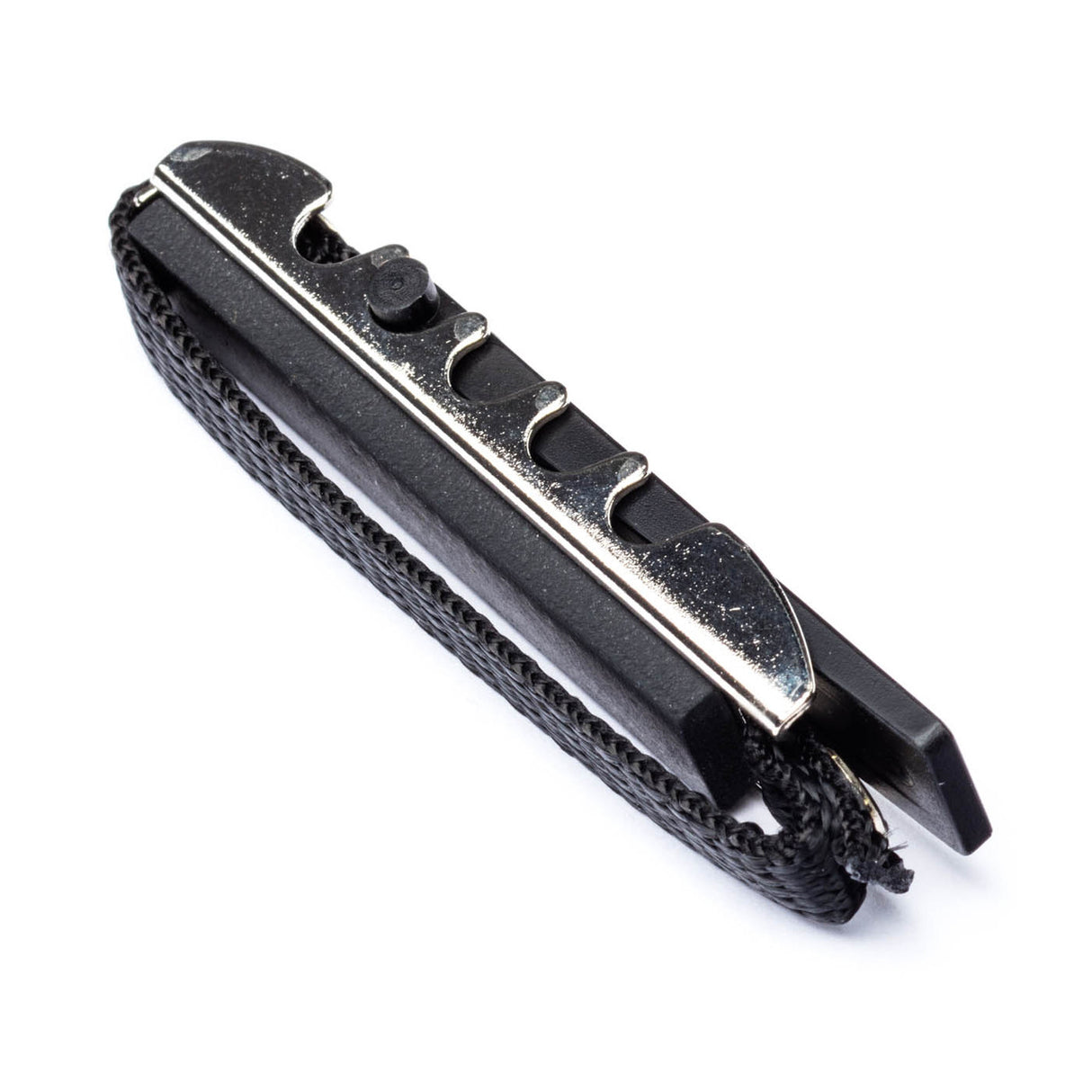 A black toggle guitar capo on a white background