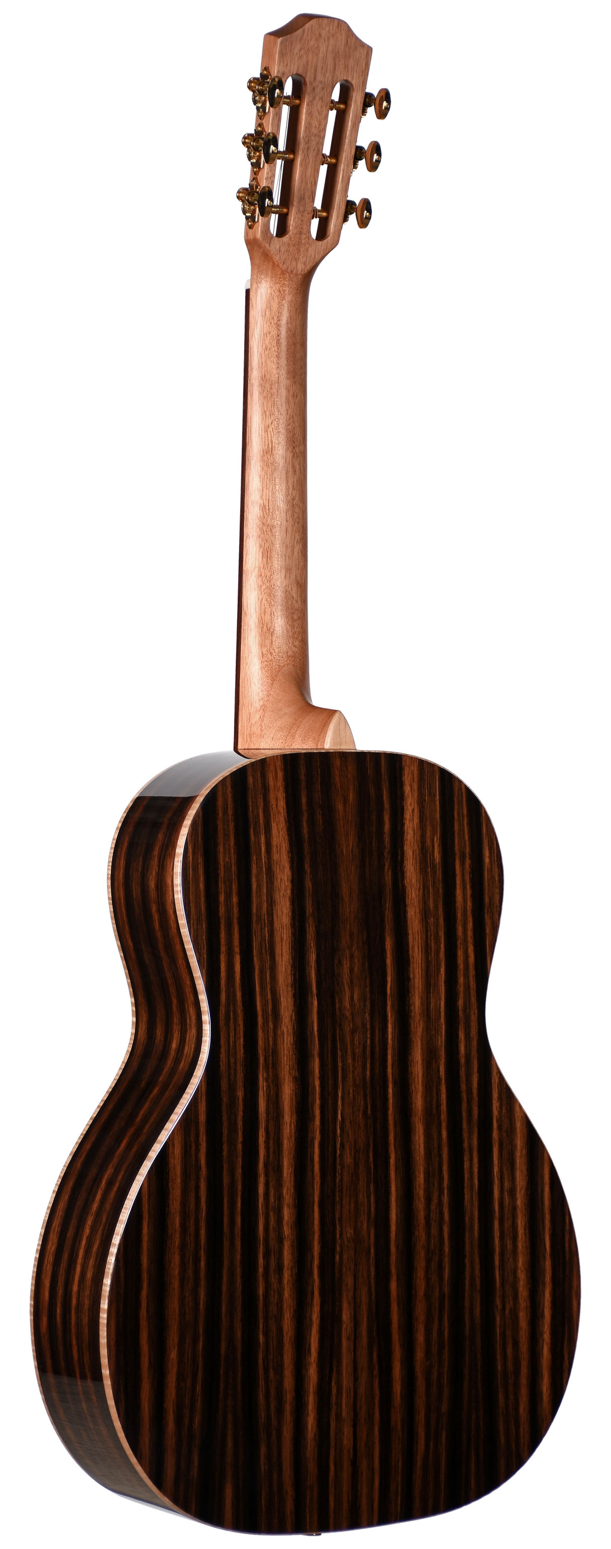 The image shows the back of a classical acoustic guitar with a polished wooden body featuring dark and light wood grain patterns. The lighter wood neck leads to a slotted headstock with visible tuning pegs, typical of classical guitars. This musical instrument belongs to the guitar family.