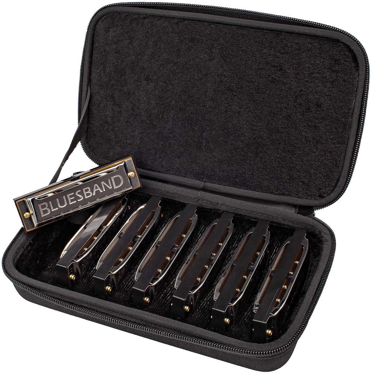 The image shows a harmonica set in a black padded carrying case with multiple harmonicas arranged inside. One harmonica is labeled "BLUESBAND," indicating a blues set. The case holds harmonicas in various keys, commonly used by blues and folk musicians for different tunings. The protective foam compartments keep the instruments secure and organized for easy transport and access.