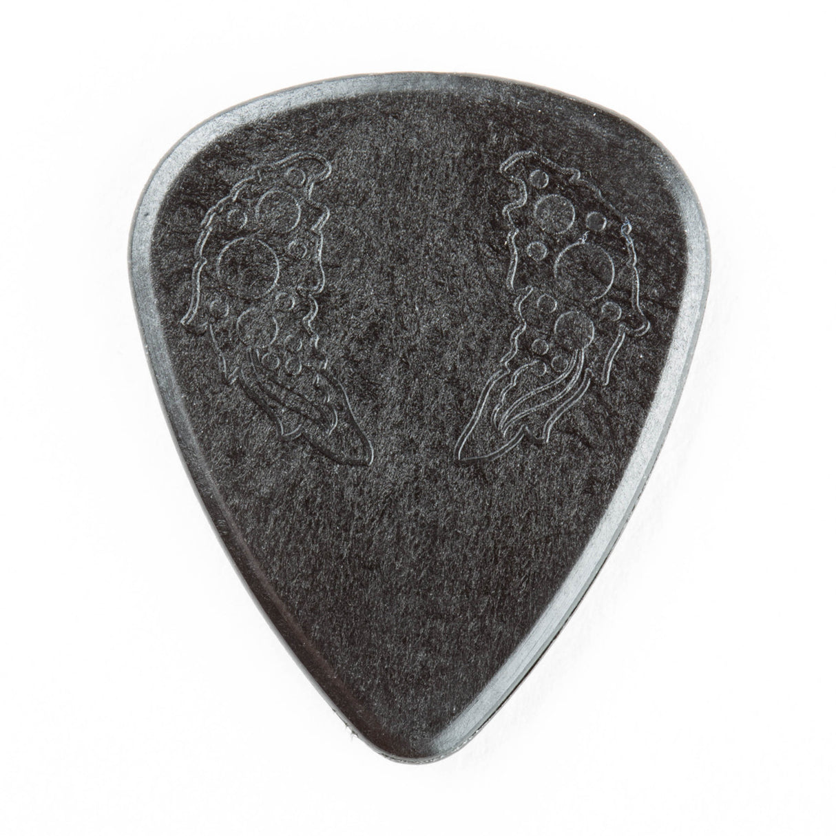 A black guitar pick with engraved design on a white background