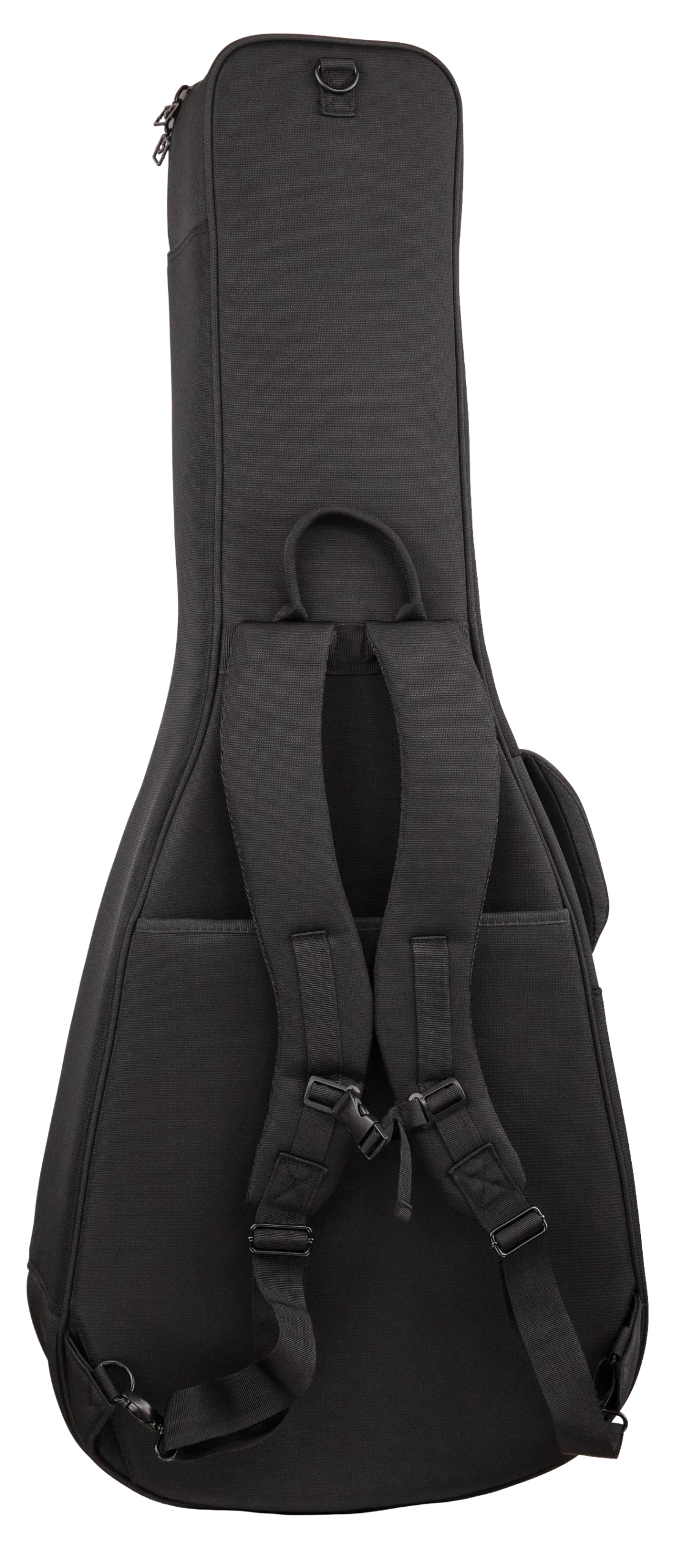 The image shows a black guitar gig bag made of durable fabric, designed to protect and carry a guitar. It features padded backpack straps, a top handle, a zippered front pocket for accessories, and protective cushioning. The guitar-shaped design fits electric or acoustic guitars. This lightweight, portable soft case offers convenient hands-free transport and essential protection for musicians on the go.