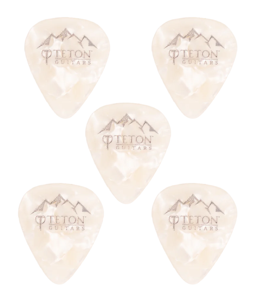 The image shows five cream-colored, translucent guitar picks arranged with one in the center and four around the edges. Each pick displays the "TETON GUITARS" logo, featuring text and a mountain range design above the name. These picks are guitar accessories used for strumming or picking strings.