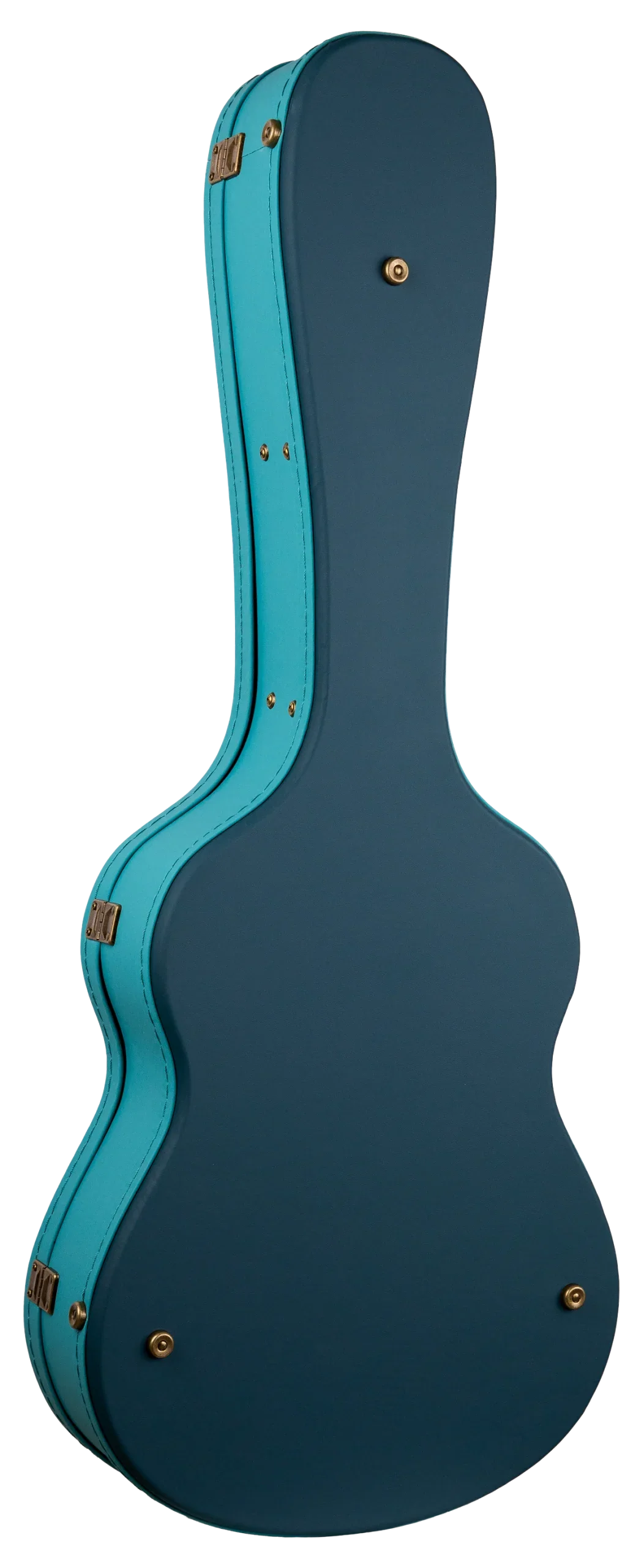 The image shows a hard guitar case with a two-tone design featuring a dark teal or navy body and bright turquoise trim. It has a classic shape for acoustic or electric guitars, a sturdy hard shell, reinforced corners, and multiple brass-colored latches. Built for professional use, it offers strong protection during transport, safeguarding the instrument from impacts and environmental damage.