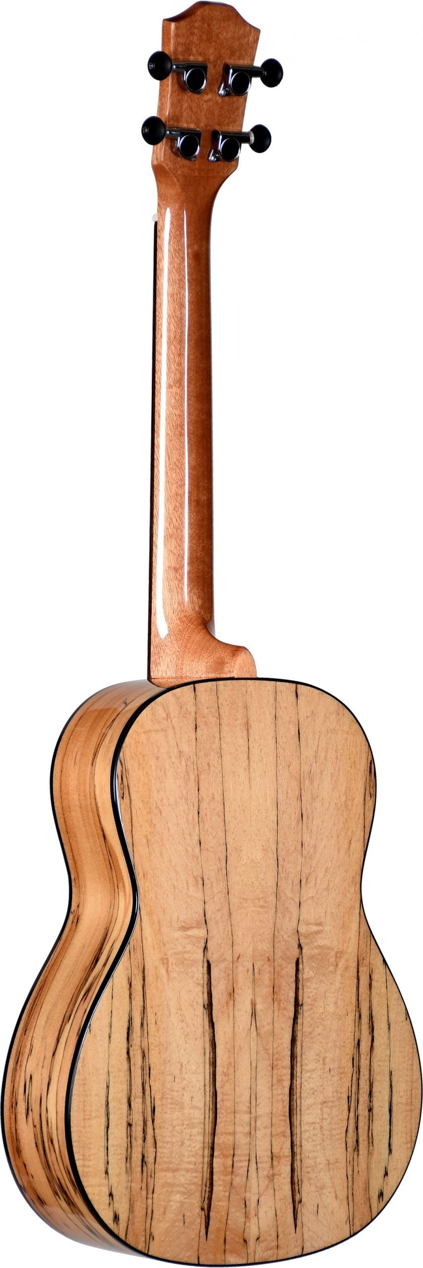 The image shows the back of a concert or tenor ukulele with a natural wood finish highlighting attractive grain patterns. It features dark binding around the body edges, a traditional wood headstock with four black tuning pegs (two per side), and clean, professional construction. The quality wood and hardware suggest an intermediate to professional-grade instrument.