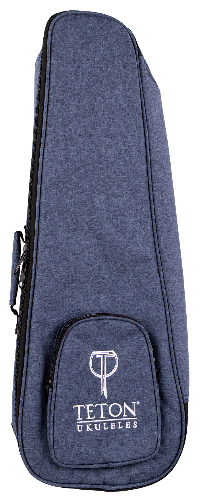The image shows a Teton Music ukulele gig bag made of blue denim-textured fabric with a zippered edge and a small front pocket featuring the "TETON UKULELES" logo in white. Designed for concert or tenor ukuleles, this padded, soft-sided case offers lightweight protection during transport. It includes carrying handles and likely shoulder straps, making it a practical accessory for musicians on the go.