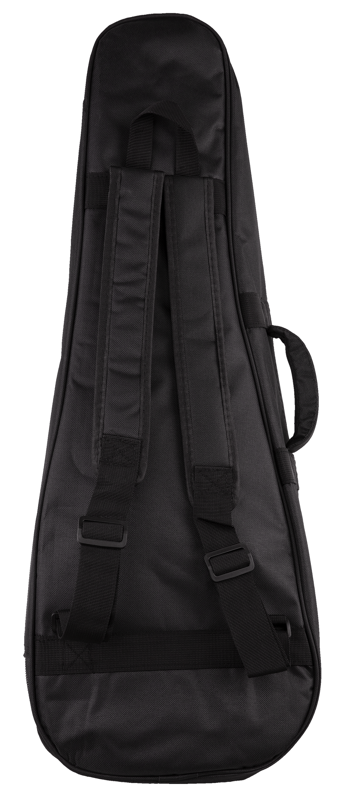 The image shows a black padded ukulele gig bag made of durable fabric, featuring a zippered closure, teardrop shape, and protective padding. It offers multiple carrying options: two adjustable shoulder straps for backpack-style carry, a top handle, and a side handle. This lightweight case provides convenient, versatile transport and protection against bumps, scratches, and weather, ideal for ukulele players on the go.