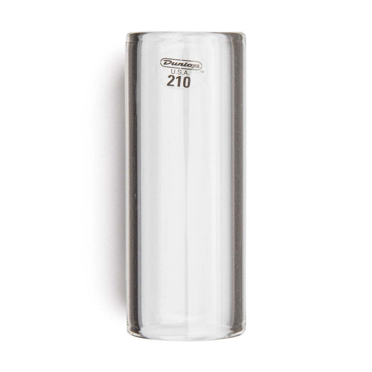 A clear glass guitar slide with Dunlop branding on a white background