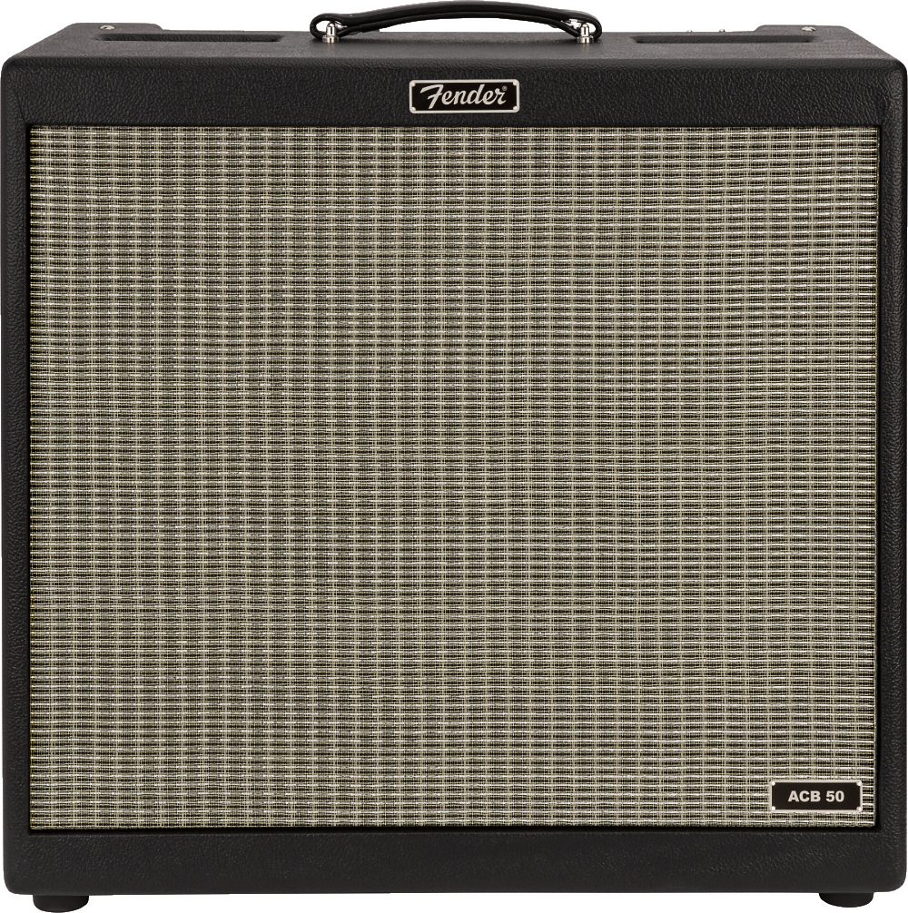 The image shows a Fender ACB 50 combo guitar amplifier with a black textured cabinet, classic woven cream speaker grille, and the Fender logo on top. It features a black leather handle and an "ACB 50" label, indicating a 50-watt amp designed for acoustic guitars. The combo design integrates amplifier and speaker in one portable unit, ideal for performances, recording, or practice.
