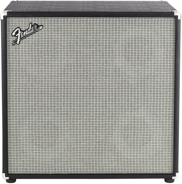 The image shows a Fender guitar speaker cabinet with the iconic Fender script logo in the upper left corner. It features a silver-gray basket-weave grill cloth, black vinyl exterior, and metal corner protectors. This classic design is typical of Fender cabinets used with separate amplifier heads or combo amps, known for their clean tone and reliability across many music genres.