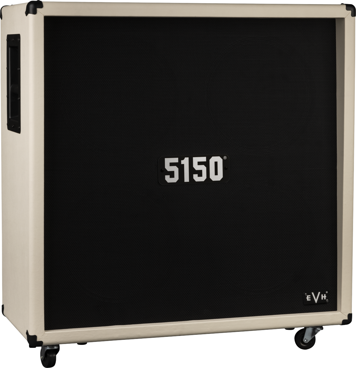 The image shows an EVH 5150 guitar amplifier cabinet with a cream frame and black grille, featuring the "5150" logo center and "EVH" logo on the bottom right. It has metal corner protectors, caster wheels, and a left-side handle, built with professional road-case style construction. This speaker cabinet is designed for electric guitar amplification, known for delivering powerful tones associated with Eddie Van Halen’s signature 5150 series.