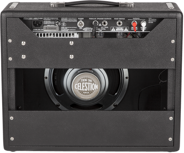 The image shows the back panel of a guitar combo amplifier featuring a Celestion "TEN 30" speaker, a control panel with knobs and input/output jacks, black tolex covering with metal corners, a top handle, and ventilation grilles. The design highlights its portability and all-in-one functionality, combining amplifier and speaker in a single unit, ideal for practice, recording, or small performances.