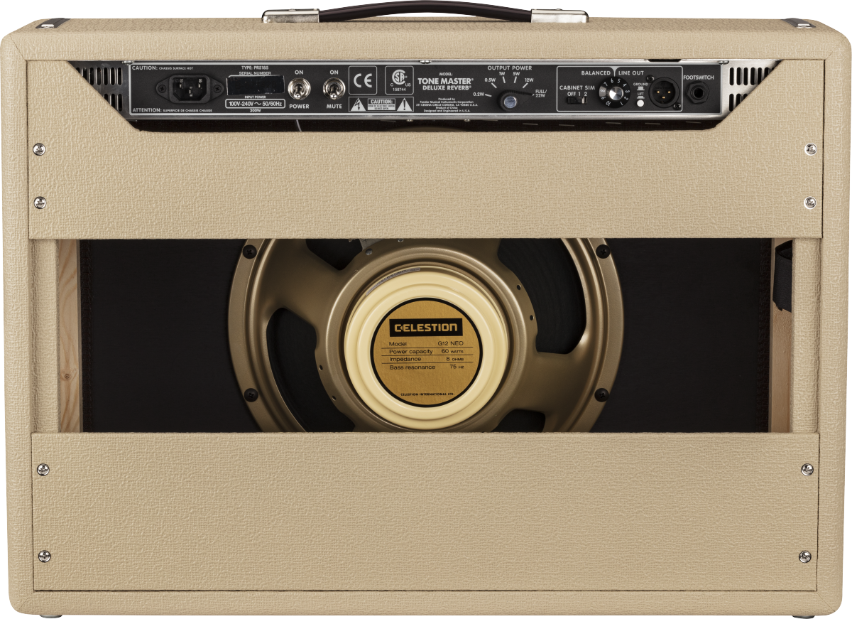 The image shows the back of a Fender Tone Master Deluxe Reverb guitar amplifier with blonde tolex, a leather handle, and a rear control panel featuring power, mute, and output switches. A 12-inch Celestion G12 NEO speaker with a gold cone is visible through the cabinet opening. The amp has traditional corner hardware, ventilation grilles, and a professional build, blending vintage Fender style with modern digital modeling technology.