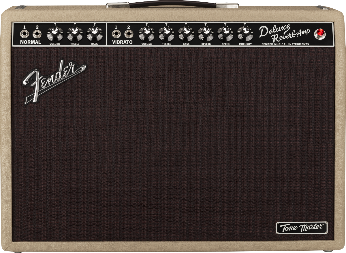 The image shows a Fender Deluxe Reverb guitar amplifier with a blonde tolex finish and dark brown grille. It features two channels—Normal and Vibrato—with Volume, Treble, and Bass controls. The Vibrato channel also has Reverb, Speed, and Intensity knobs. The black control panel includes input jacks, a red power light, a Fender logo, and a "Tone Master" badge. The amp is known for its warm tube tone, spring reverb, and classic Fender clean sound.