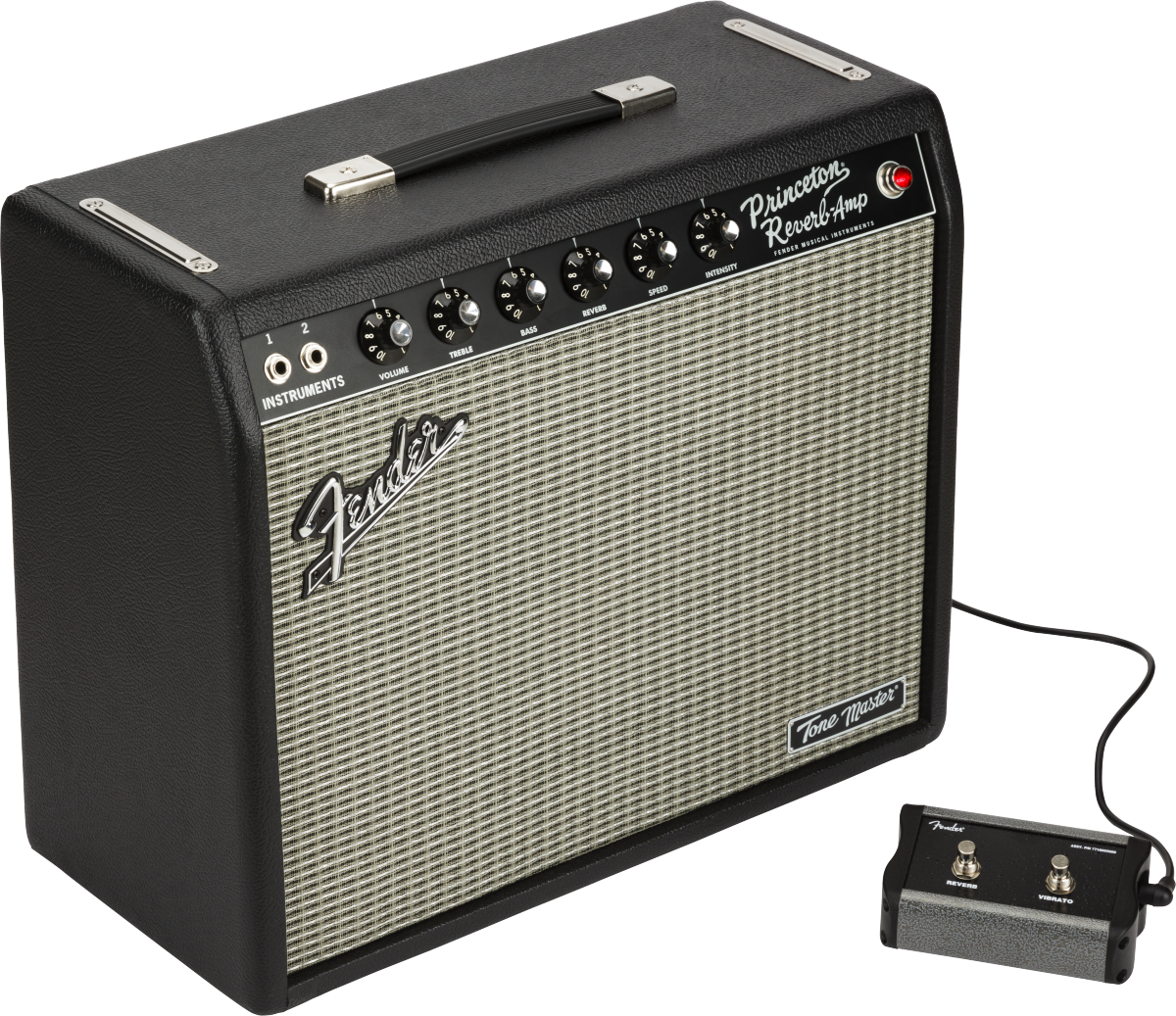The image shows a Fender Princeton Reverb guitar amplifier with a black tolex exterior and silver-gray grille cloth. It features the Fender logo, "Princeton Reverb Amp" labeling, a control panel with multiple knobs, two instrument input jacks, a connected footswitch, a top carrying handle, and a "Tone Master" badge indicating it’s a modern digital model replicating the classic tube amp sound.