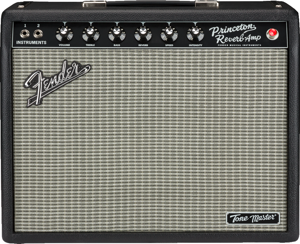 The image shows a Fender Princeton Reverb Tone Master guitar amplifier with a black tolex exterior and silver grille cloth. The control panel features two instrument inputs, six knobs (Volume, Treble, Bass, Reverb, Speed, Intensity), a red indicator light, and Fender branding. The grille displays the Fender logo and a "Tone Master" badge. This digital amp emulates the classic tube sound with modern reliability.