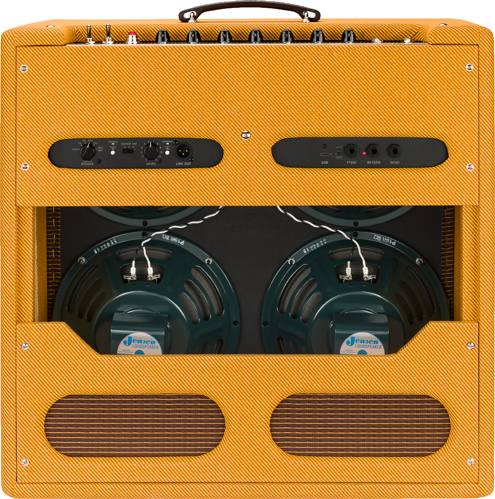 The image shows a vintage-style guitar combo amplifier with an orange/amber tweed-like cabinet and open-back design revealing two Jensen speakers. The front panel features around 10 control knobs, switches, and modern connections including USB, footswitch, send, and return. It has a leather handle and classic tube amp styling, blending vintage aesthetics with contemporary functionality for warm, classic tones.