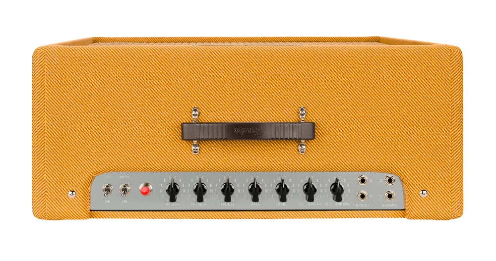 The image shows a vintage-style guitar amplifier head with orange/amber textured tolex and a tweed-like pattern. It has a metal control panel featuring about seven black knobs, input jacks on the left, output jacks on the right, and a red indicator light. A leather or vinyl handle with a brand plate is on top. This classic tube amp head is designed to pair with a speaker cabinet and is typical of 1950s-60s American amps favored by blues, rock, and country guitarists.