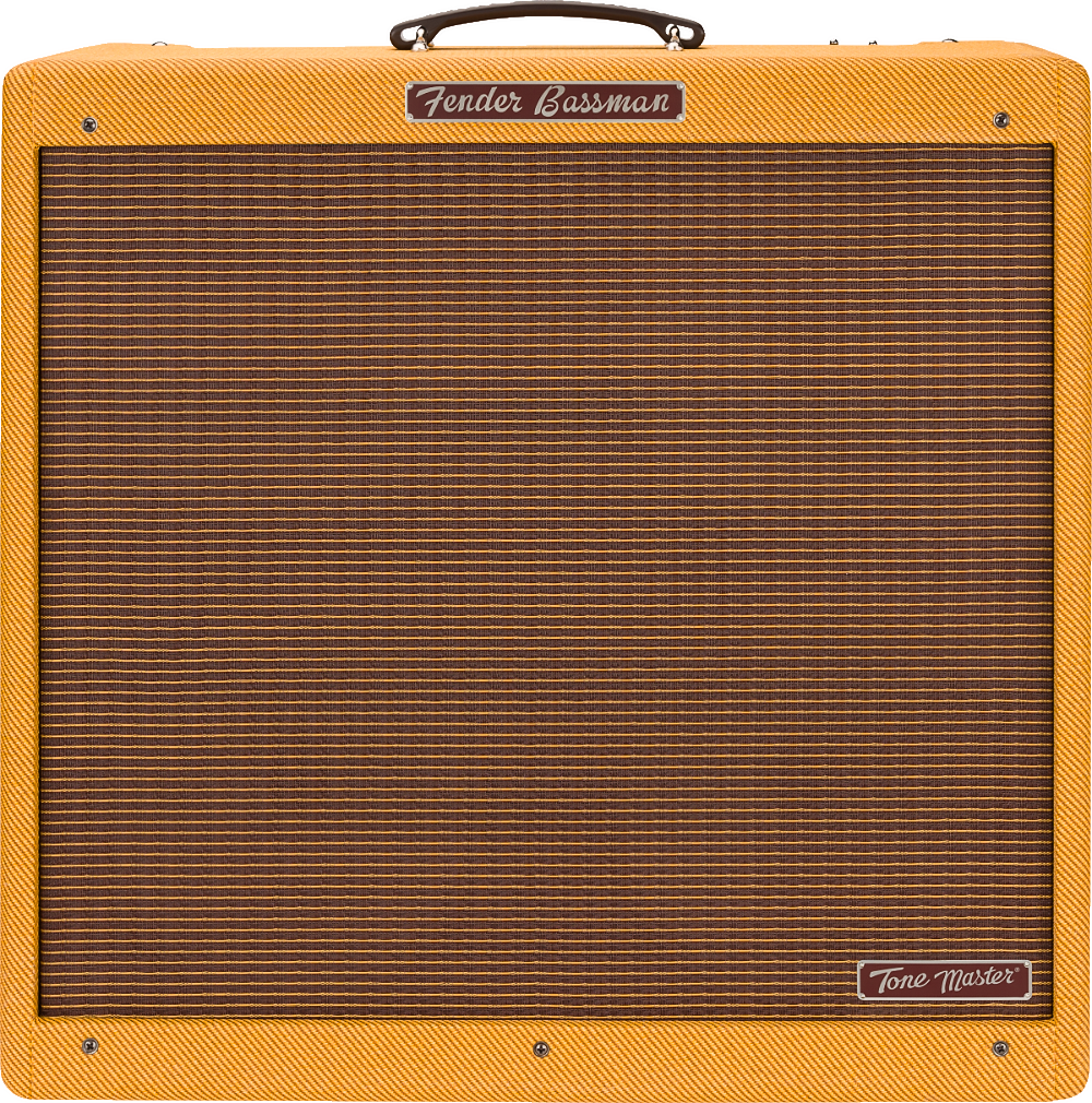 The image shows a Fender Bassman Tone Master guitar amplifier with a lacquered tweed finish, brown/bronze ribbed grill cloth, and a dark brown leather handle. The rectangular combo amp features the Fender logo on the front panel and a "Tone Master" badge on the lower right. This modern digital amp recreates the classic late 1950s Bassman sound, known for its iconic vintage tone popular in blues and rock music.