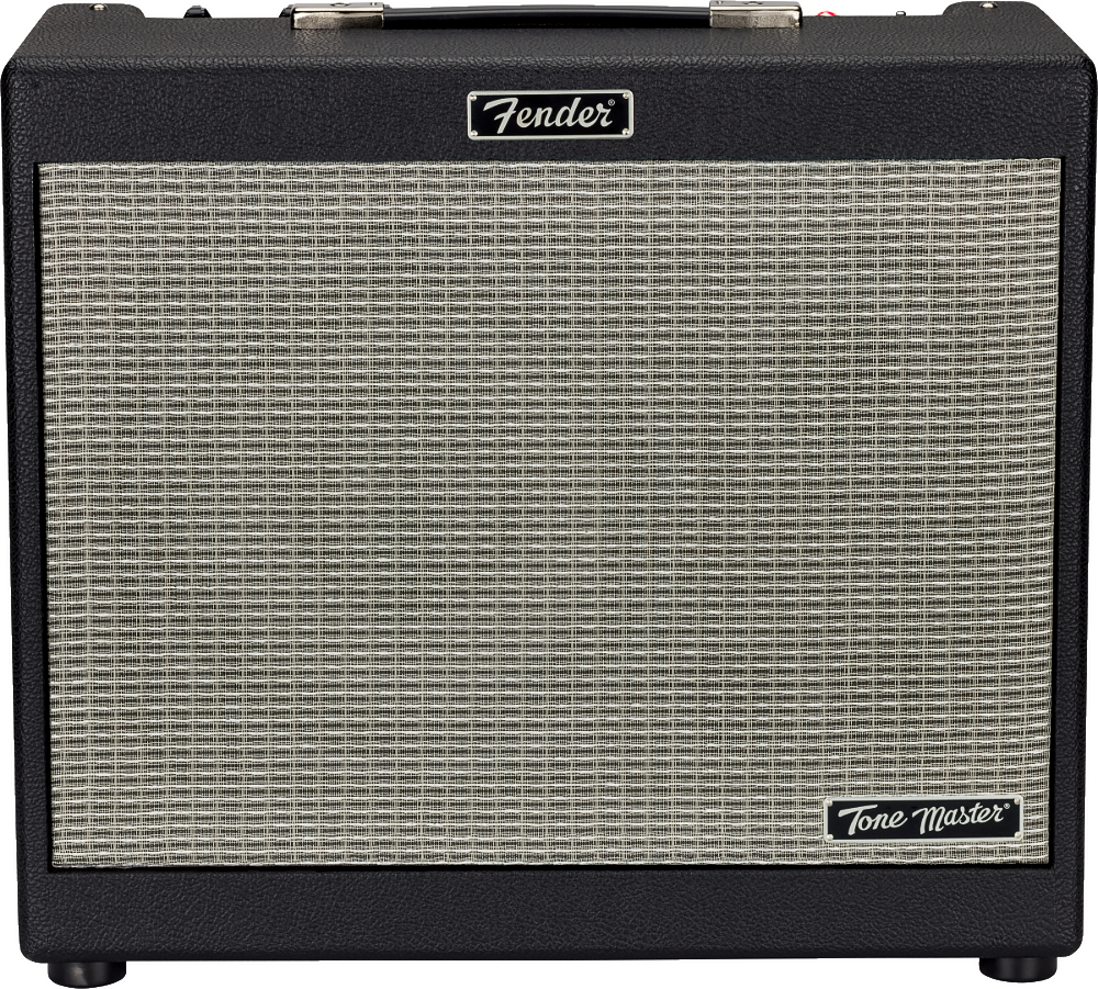 The image shows a Fender "Tone Master" combo guitar amplifier with a classic black tolex exterior and silver/cream grille cloth. It features the Fender logo at the top center, a carrying handle, and control knobs along the top edge. This modern amp blends traditional Fender design with digital modeling technology, making it a popular choice for electric guitarists.
