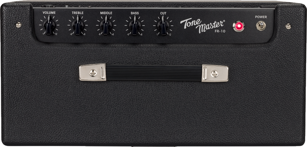 The image shows a Fender Tone Master FR-10 guitar amplifier with black tolex covering. The front panel has five control knobs for Volume, Treble, Middle, Bass, and Output, plus a red power LED and a power switch. It features a sturdy carrying handle for portability. This digital modeling amp replicates classic tube tones with modern lightweight design, ideal for practice, small gigs, or studio use.