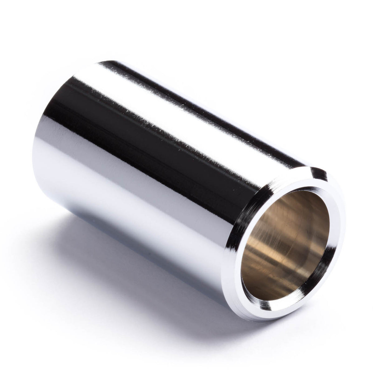 A chromed brass short slide for guitar on a white background