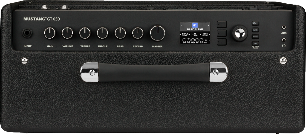 The image shows a Fender Mustang GTX50 digital modeling guitar amplifier. It features a control panel with knobs for input, gain, volume, treble, middle, bass, reverb, and master, a digital display showing the "BASIC CLEAN" preset, navigation buttons, and a data dial. The black textured cabinet includes metal corners, a handle, input/output jacks, and a 50-watt power rating.