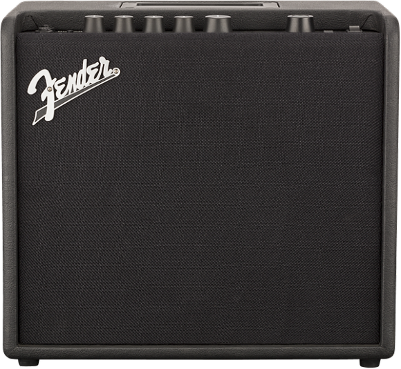 The image shows a Fender guitar amplifier, likely a compact practice or modeling amp. It features the distinctive Fender logo on the black front panel and several control knobs on the top for adjusting volume, tone, gain, and effects. This type of amp is commonly used for home practice, small gigs, or recording. Fender is a renowned brand known for both classic tube and modern digital amps.