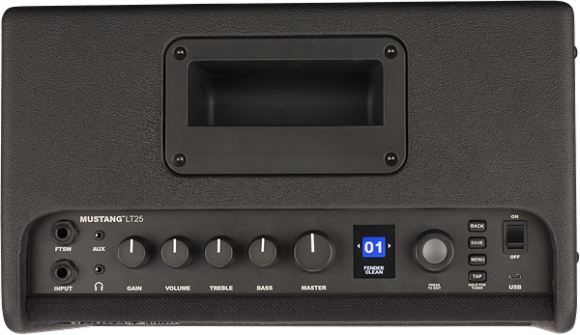 The image shows a Fender Mustang LT25 guitar amplifier, a compact 25-watt combo for electric guitars. Visible features include a control panel with knobs for Gain, Volume, Treble, Bass, and Master volume, a digital display reading "01," input jack, headphone output, USB port, preset navigation buttons, and a speaker in the recessed top area. The black textured amp offers built-in effects and amp modeling, ideal for practice and small venues.