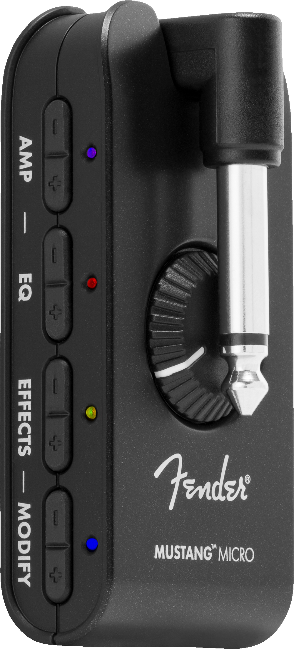 The image shows a Fender Mustang Micro, a compact black headphone guitar amplifier with control knobs labeled AMP, EQ, EFFECTS, and MODIFY, each with colored LED indicators. It features a guitar input jack on the right, a headphone output port, and the Fender logo. This portable device plugs directly into an electric guitar for silent practice with amp simulation and effects, ideal for quiet, on-the-go playing.