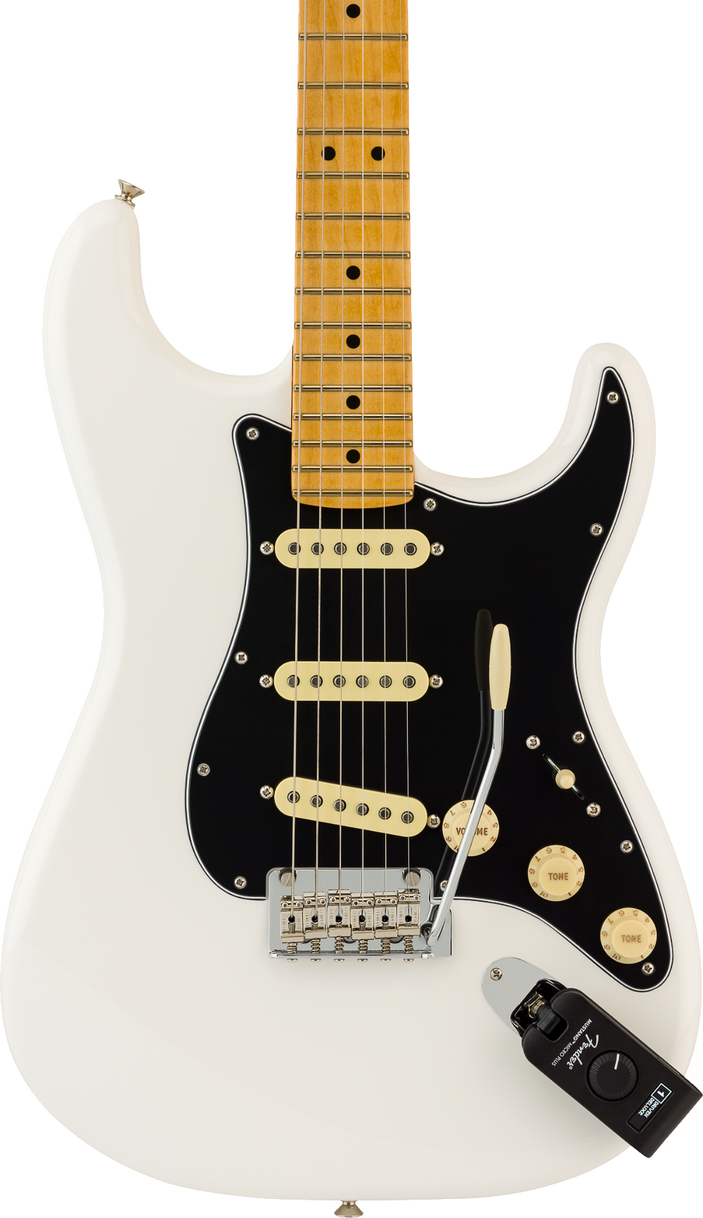 The image shows a classic white/cream Fender Stratocaster-style electric guitar with a maple neck and fretboard. It features a black pickguard, three cream single-coil pickups, chrome bridge and tuning pegs, cream control knobs, and a 5-way selector switch. Standard fret markers and six strings are visible. A small black device is in the lower right corner. The guitar displays the iconic Stratocaster body shape and hardware.