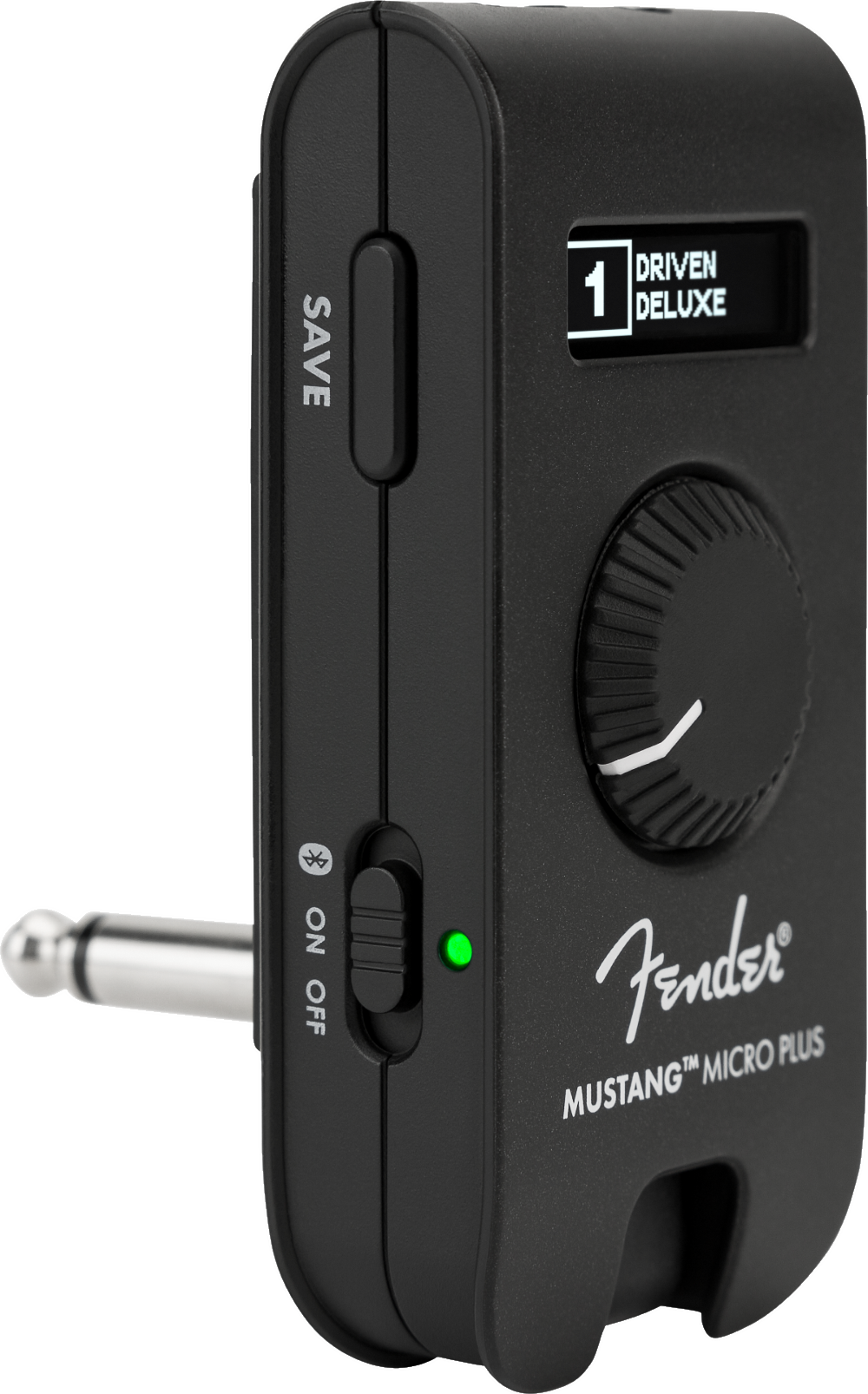The image shows a Fender Mustang Micro Plus, a compact, portable headphone amplifier for electric guitars. It features a clip-on design, Fender branding, a display reading "1 DRIVEN DELUXE," a control knob, SAVE button, ON/OFF switch with green LED, and a 1/4" input jack. Ideal for silent practice, it offers amp simulations and effects in a small, convenient package.