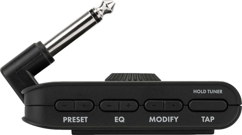 The image shows a compact, black guitar effects pedal with a streamlined design. It features four button sections labeled "PRESET," "EQ," "MODIFY," and "TAP," each with + and - controls, plus a "HOLD TUNER" button. A right-angled 1/4" jack extends from the left side for guitar connection. This multi-effects unit combines effects processing, EQ, presets, tap tempo, and a built-in tuner, ideal for guitarists’ practice and performance.