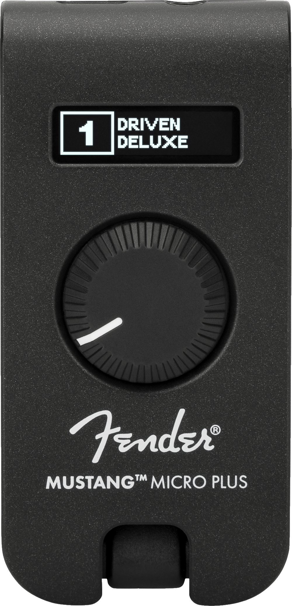 The image shows a Fender Mustang Micro Plus, a compact black guitar headphone amplifier with a textured finish. It features a digital display reading "1 DRIVEN DELUXE," a large rotary knob, the Fender logo, and the model name. The device plugs directly into an electric guitar for silent practice, offering amp simulations and effects in a portable design.