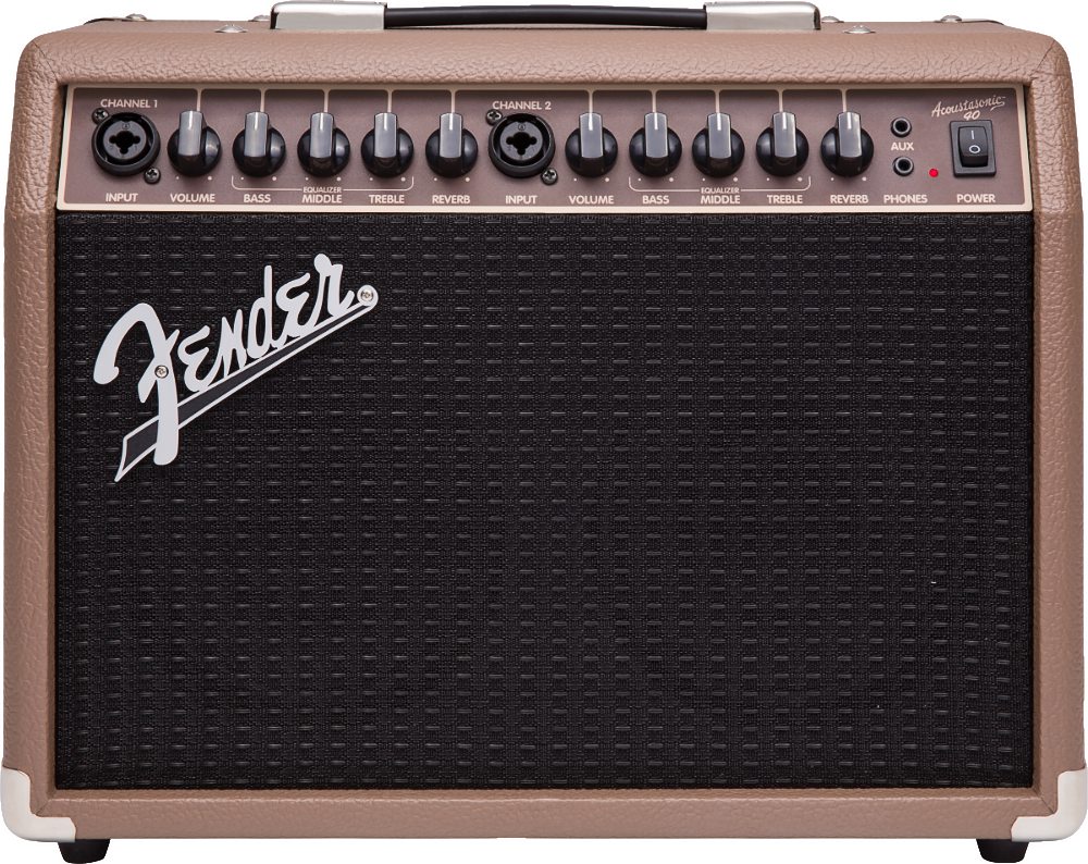 The image shows a Fender Acoustasonic guitar amplifier with a brown/tan vintage-style casing and black speaker grille featuring the white Fender logo. It has a portable design with a top handle and metal corner protectors. The control panel includes dual channels, each with input jack, volume, bass, mid, treble, and reverb controls, plus a shared headphone output and power switch with indicator light.