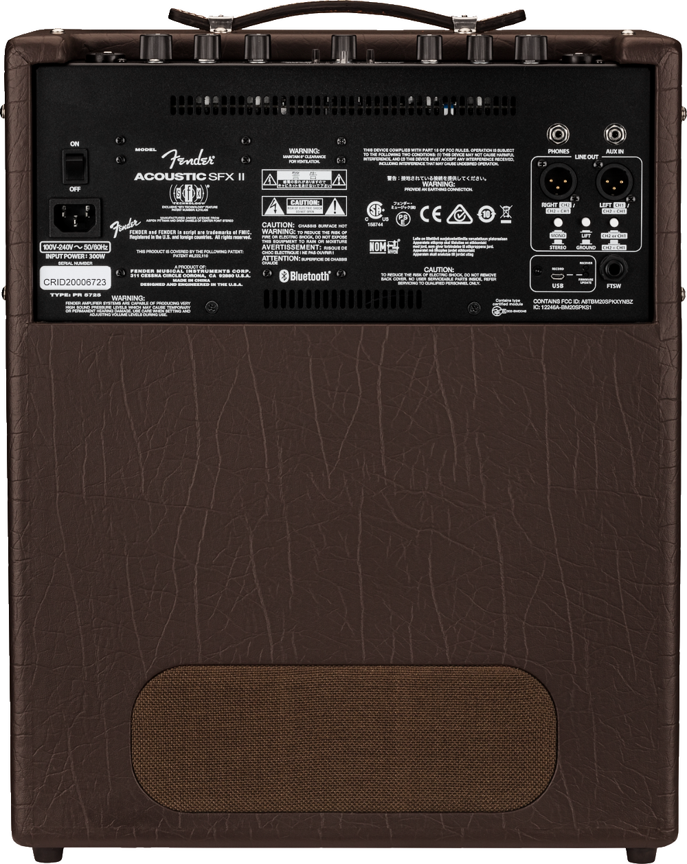 The image shows a Fender Acoustic SFX II amplifier designed for acoustic instruments. It has a brown textured finish, a built-in speaker, a sturdy top handle, and multiple control knobs. Features include Bluetooth, USB, XLR and line outputs, various audio controls, effects processing, and around 100W power. Ideal for acoustic guitarists and singer-songwriters in small venues, it offers clean, natural amplification with modern connectivity.