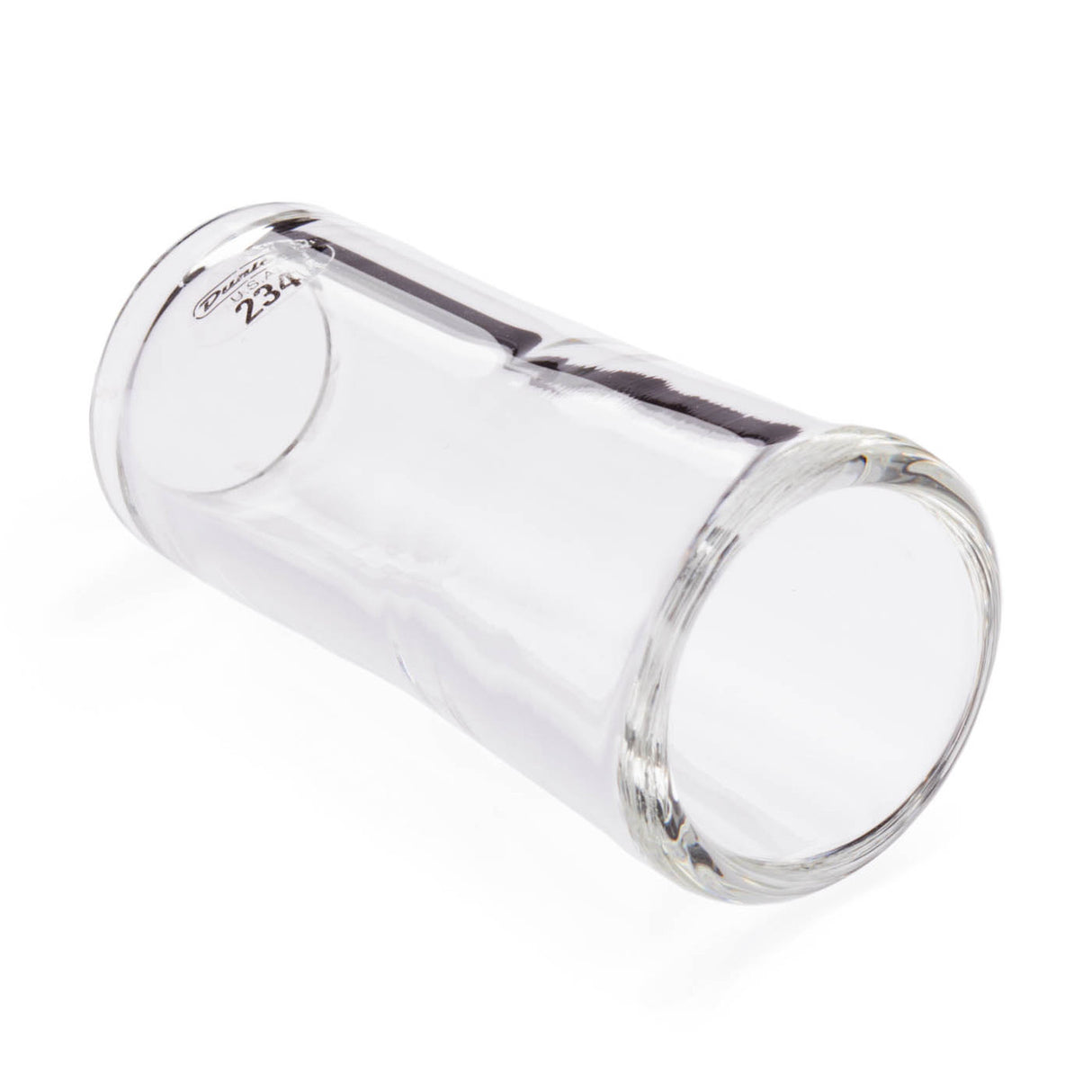 A clear glass flare guitar slide with Dunlop branding on a white background