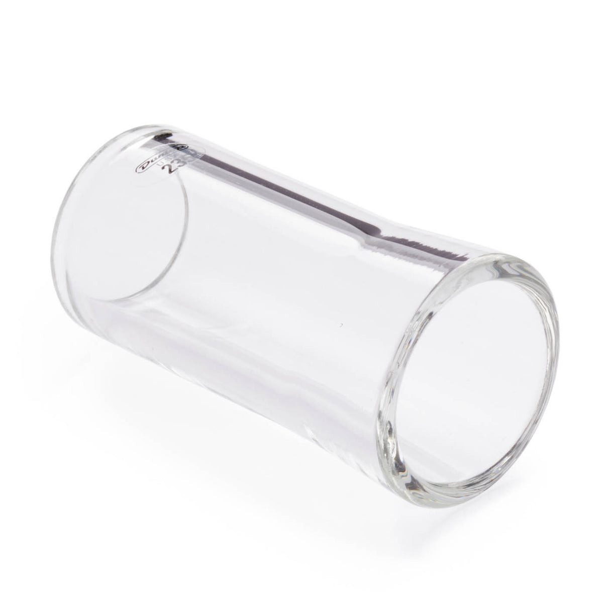 A clear flare glass guitar slide with Dunlop branding on a white background