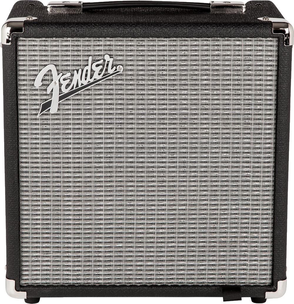 The image shows a compact Fender guitar amplifier with a black vinyl exterior, silver grille cloth, chrome corner protectors, and a leather-style handle. The silver Fender script logo is prominently displayed on the front. This portable amp, typical for practice or small venues, is known for quality sound and durability, making it a popular choice among electric guitar players.