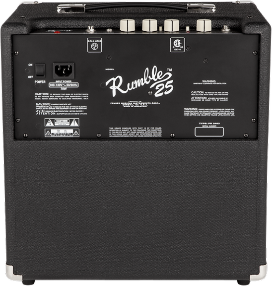 The image shows a Fender Rumble 25 bass combo amplifier with a compact black cabinet and classic Fender design. It features "Rumble 25" branding, top panel control knobs, metal corner protectors, and rear input/output connections. This 25-watt amp is ideal for bass guitar practice and small venues, known for being affordable and reliable for beginners and experienced players.