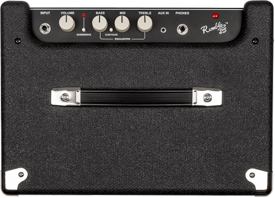 The image shows the front panel of a Fender Rumble 25 bass amplifier. It features control knobs for Input, Volume, Bass, Mid, Treble, and Aux In, an input jack for bass guitar, headphone and auxiliary input jacks, a power indicator LED, and Fender Rumble branding. The amp has a black textured finish with silver knobs, designed for bass practice with tone shaping and convenient connectivity.