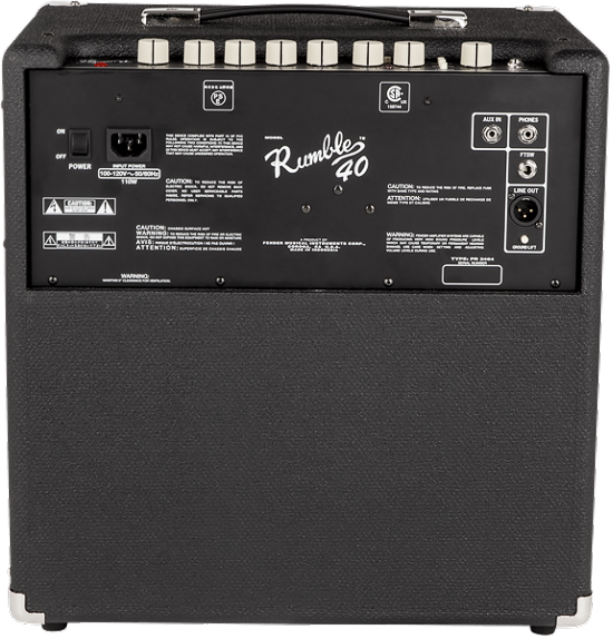 The image shows a Fender Rumble 40 bass amplifier with a black textured exterior and classic Fender design. It features "Rumble 40" branding, multiple control knobs, input jacks, and a speaker grille. This compact combo amp combines the amplifier and speaker in one unit. Known for reliability and affordability, it’s a 40-watt model ideal for practice, small rehearsals, and intimate performances.