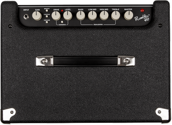 The image shows a Fender Rumble 40 bass guitar amplifier with a black textured cabinet and classic design. It features a top control panel with knobs for input gain, EQ (bass, mid, treble), master volume, and tone shaping. The amp includes the Fender logo, Rumble 40 branding, a carrying handle, input jack, and corner protectors. It’s a lightweight, 40-watt amp suitable for practice, small venues, and recording.