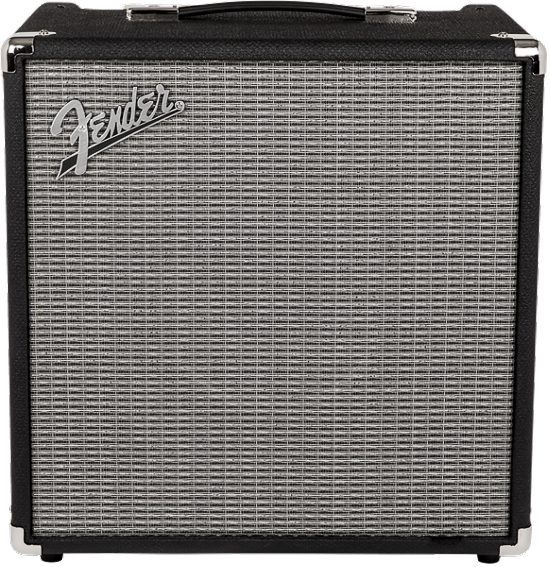 The image shows a Fender compact bass combo amplifier with a black tolex exterior, metal corner protectors, and a black handle. The silver-gray grille cloth features the Fender logo in the upper left corner. This portable amp is commonly used by bassists for practice, small gigs, or recording, offering quality bass amplification in a compact design.