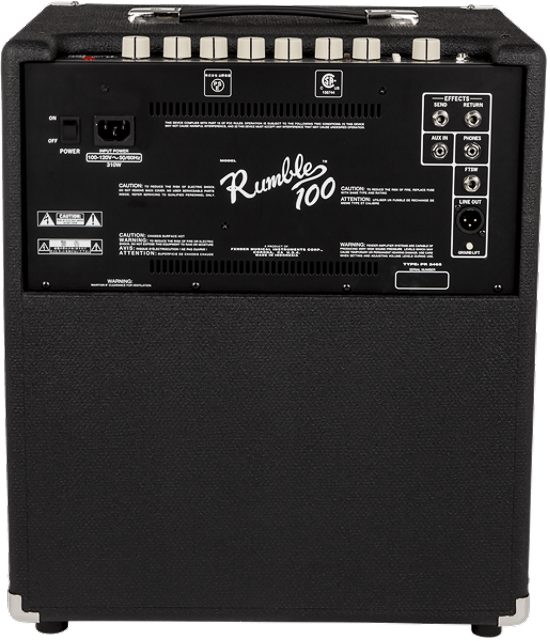 The image shows the back panel of a Fender Rumble 100 bass amplifier, featuring the classic Fender script logo, multiple input/output jacks, ventilation grilles, warning labels, and regulatory information. It has the black tolex covering and sturdy build typical of Fender amps. The Rumble 100 is a lightweight, powerful bass amp suitable for practice, recording, and small to medium venues.
