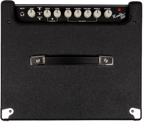 The image shows a Fender Rumble 100 bass amplifier with a black textured finish and a carrying handle. The control panel features an input jack, gain, drive, level, bass, low mid, high mid, treble, and master volume knobs. It has small feet for stability and compact combo design. The "Rumble 100" branding is visible, indicating it’s part of Fender’s lightweight, versatile bass amplifier series.