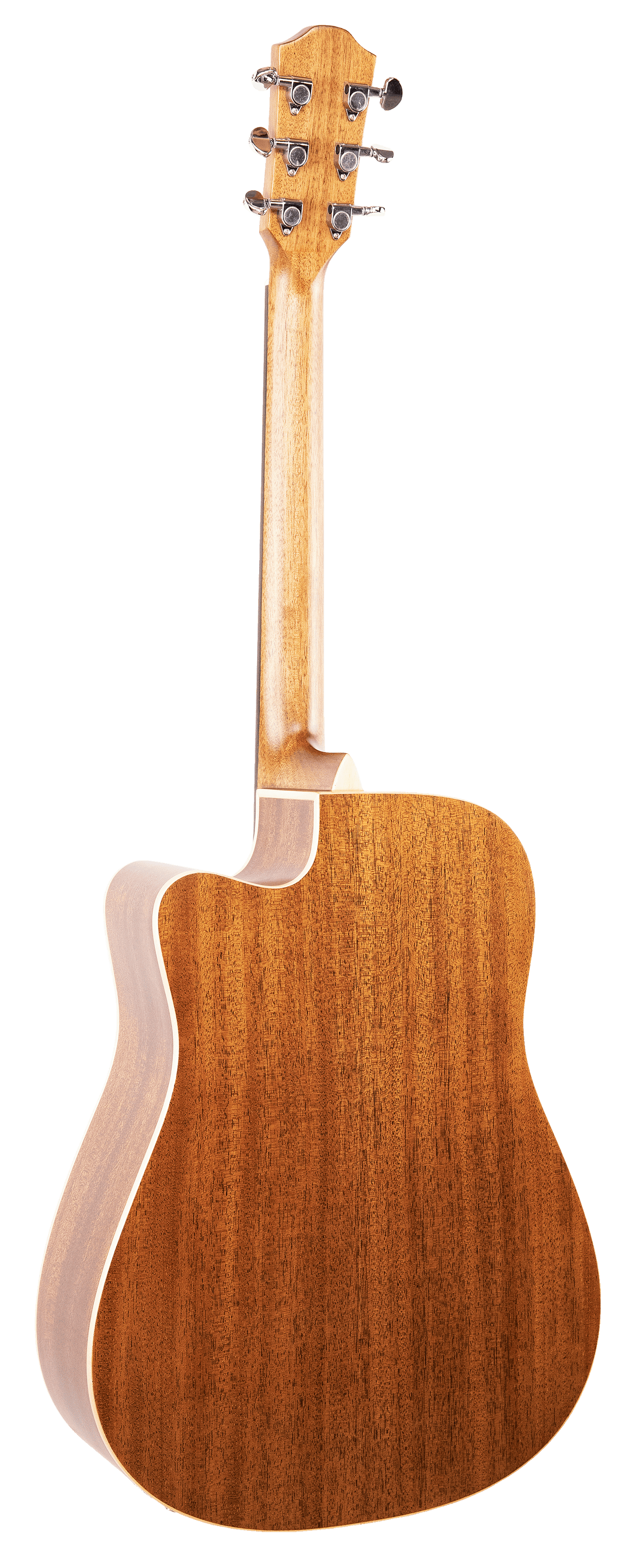 The image shows the back view of an acoustic guitar with a wooden body featuring a natural grain, likely mahogany. It has a dreadnought-style large body with light-colored binding and a cutaway for easier fret access. The neck extends to a headstock with six chrome tuning pegs arranged 3+3. This well-crafted guitar is suited for various music styles, indicating a mid to high-end quality instrument.