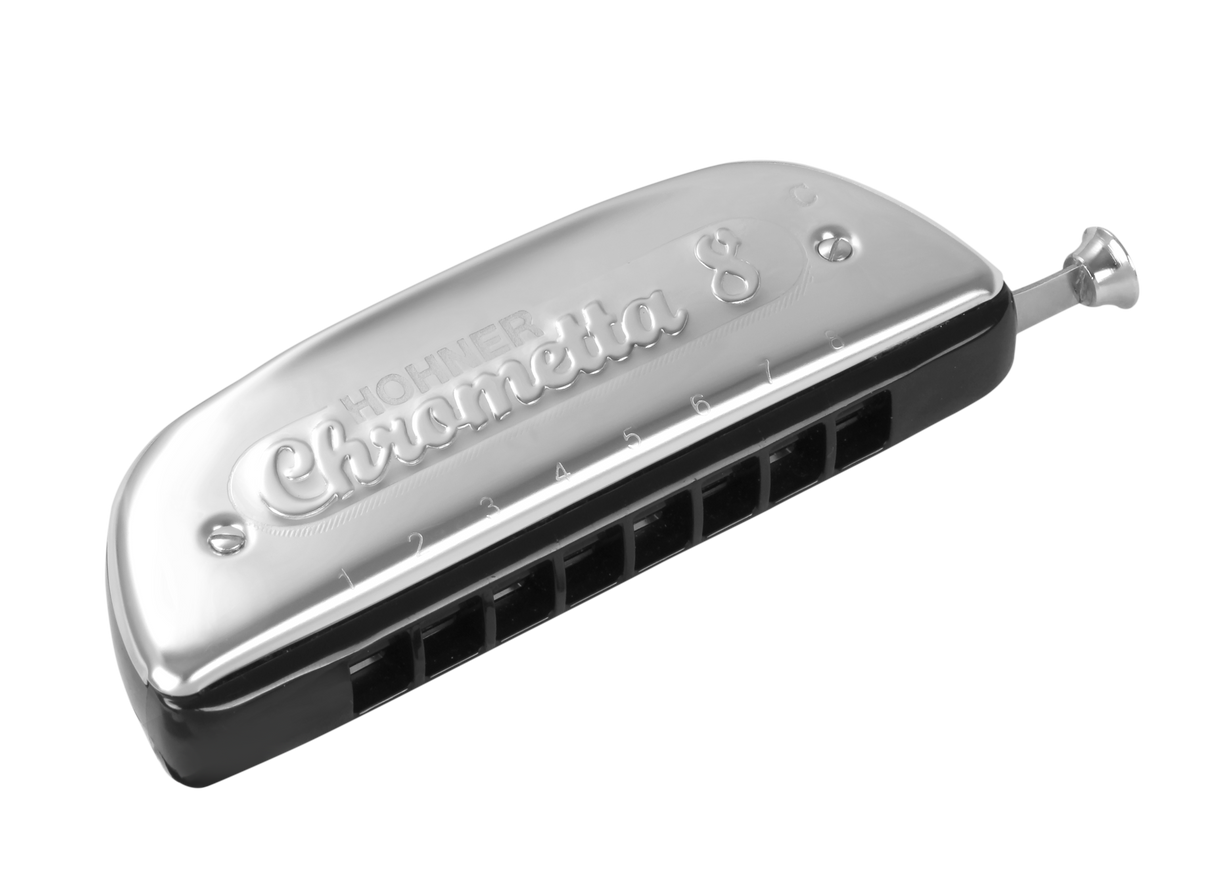 The image shows a chromatic harmonica with a shiny metal top plate engraved "Chrometta-8," likely a Hohner model. It features multiple blow/draw holes in a row, a slide button on the right for accessing sharps and flats, and black plastic comb sections. The harmonica has a sleek, professional design and is used in genres like jazz and classical for playing all chromatic notes.